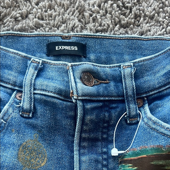 Express Blue Skinny Jeans with Cowboy themed Distressed Patches - Picture 3 of 8